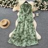French light luxury celebrity temperament dress women's high-end sense strap waist three-dimensional flower lantern sleeve printed long dress
