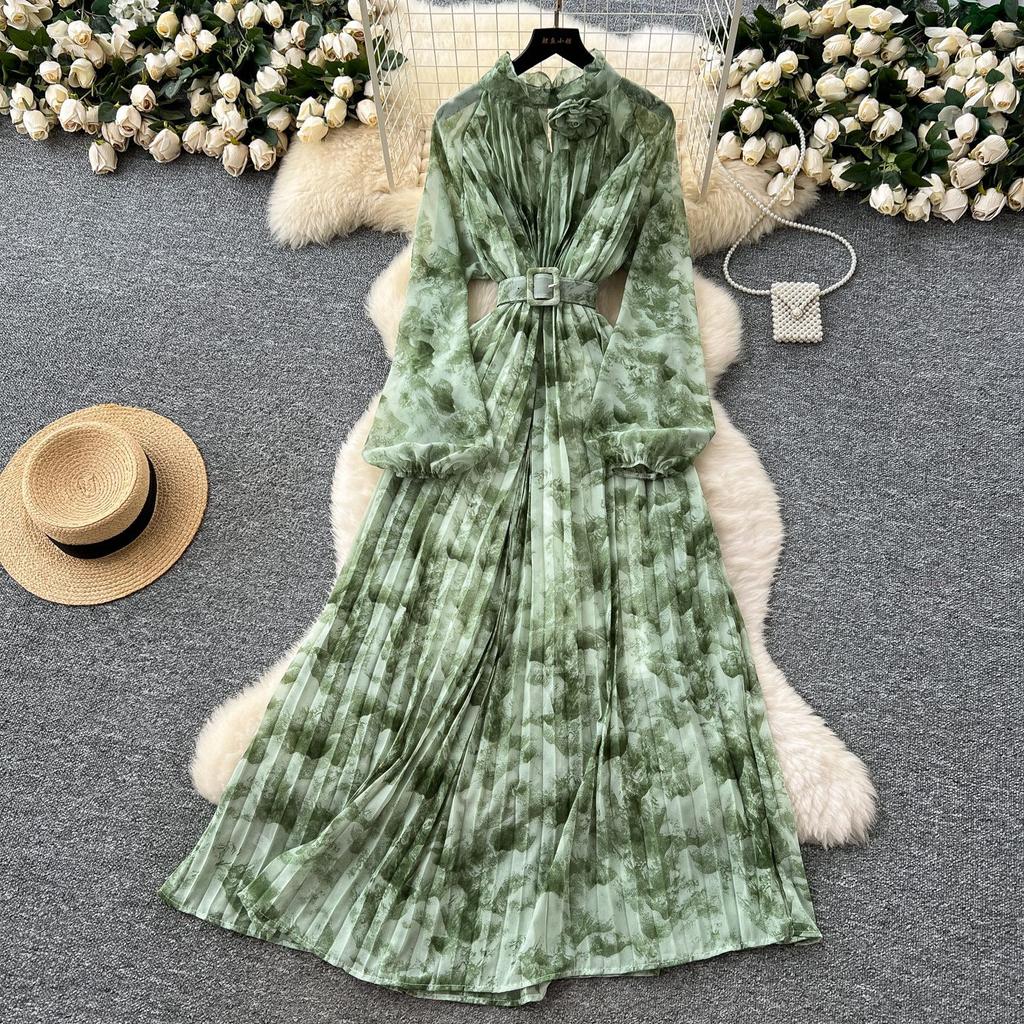 French light luxury celebrity temperament dress women's high-end sense strap waist three-dimensional flower lantern sleeve printed long dress