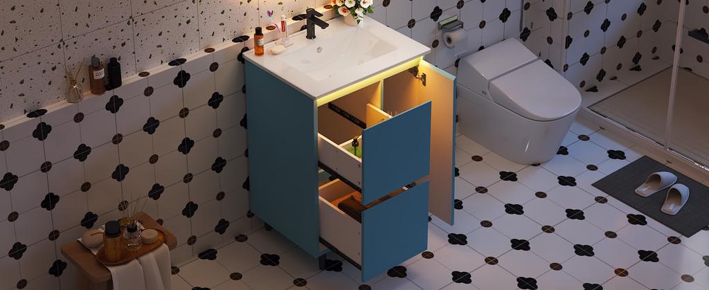 61*46.5*87Cm, freestanding bathroom washstand, lacquered surface, integrated ceramic basin, soft-close hinges, two drawers, high-leg design, blue.