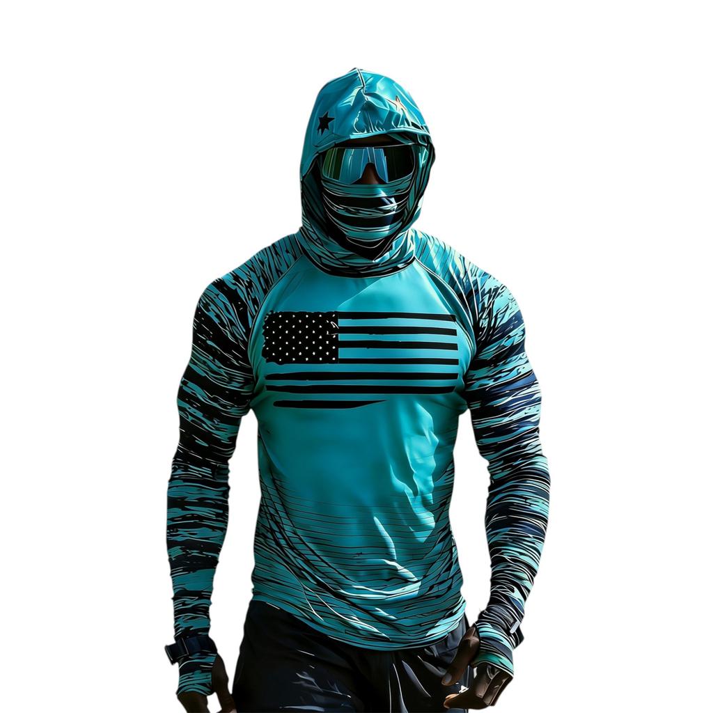 Long Sleeve Hooded Shirt with Face Covering and Flag Print Lightweight Pullover for Outdoor Sports and Activities