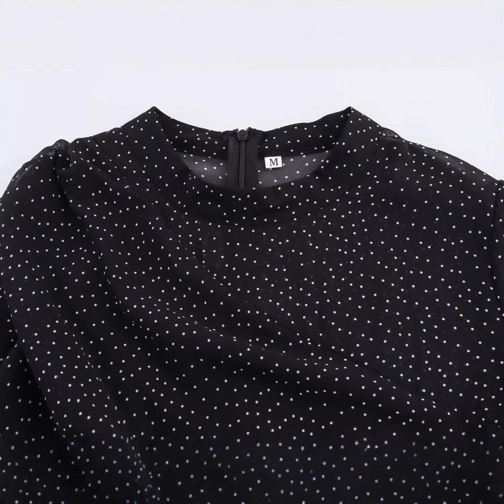 Spring 2025 Women's European & American Style Polka Dot Waist-Hugging Long Sleeve Dress