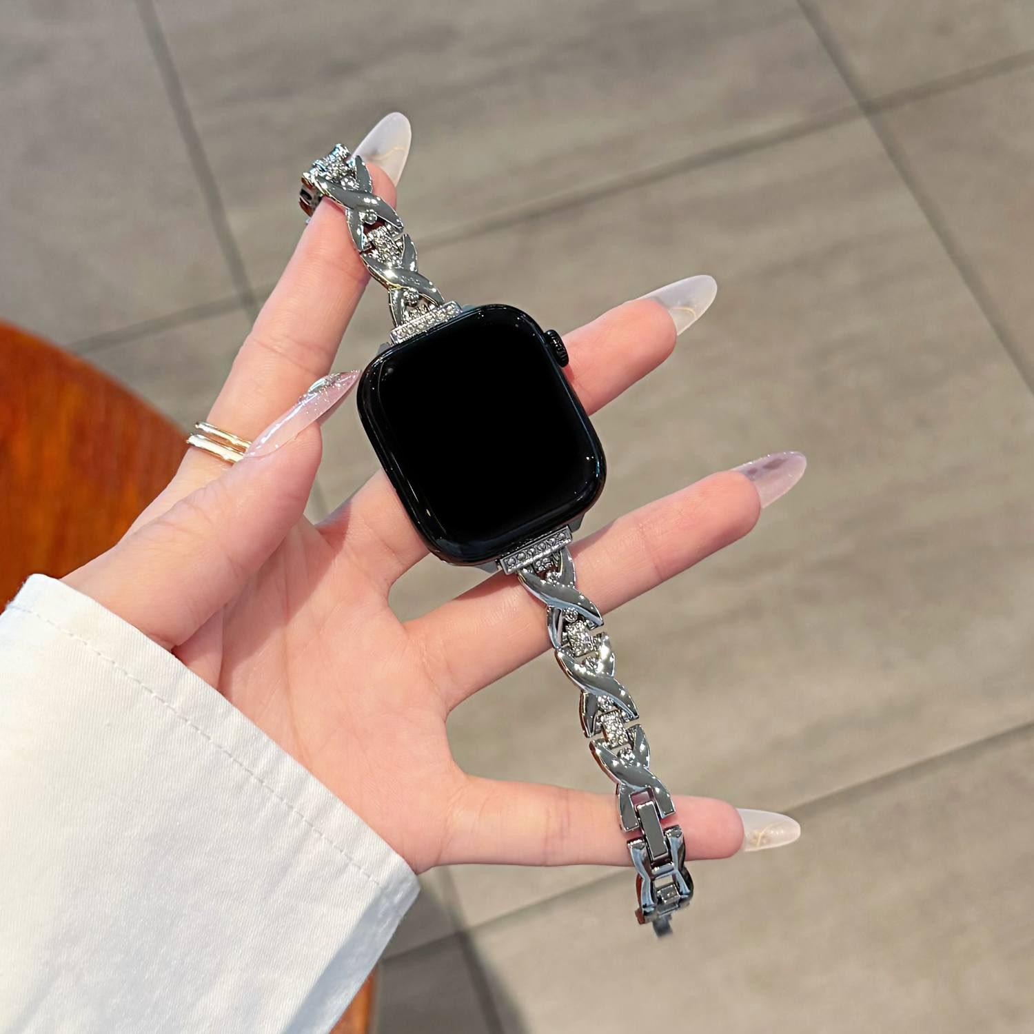 

New Luxury shining intersection metal Strap For Apple Watch band women 40mm 41mm 38mm 42mm 44mm 45mm 46mm starp S10 S11 46MM срібний