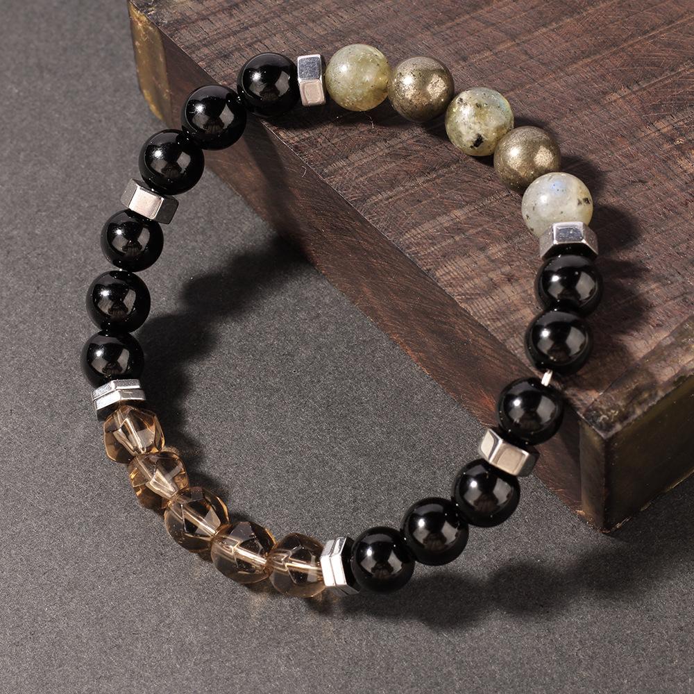 Festive Gifts Black Onyx Smoky Quartz Labradorite and Pyrite Beaded Bracelet Bold Fashion Jewelry for Men Daily Wear Simple Versatile Accessory