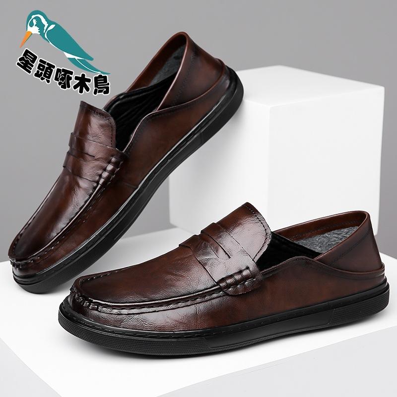 Doudou Shoes Men's 2025 Spring New High-quality Soft Leather Shoes Men's Casual Shoes One Foot Leather Shoes