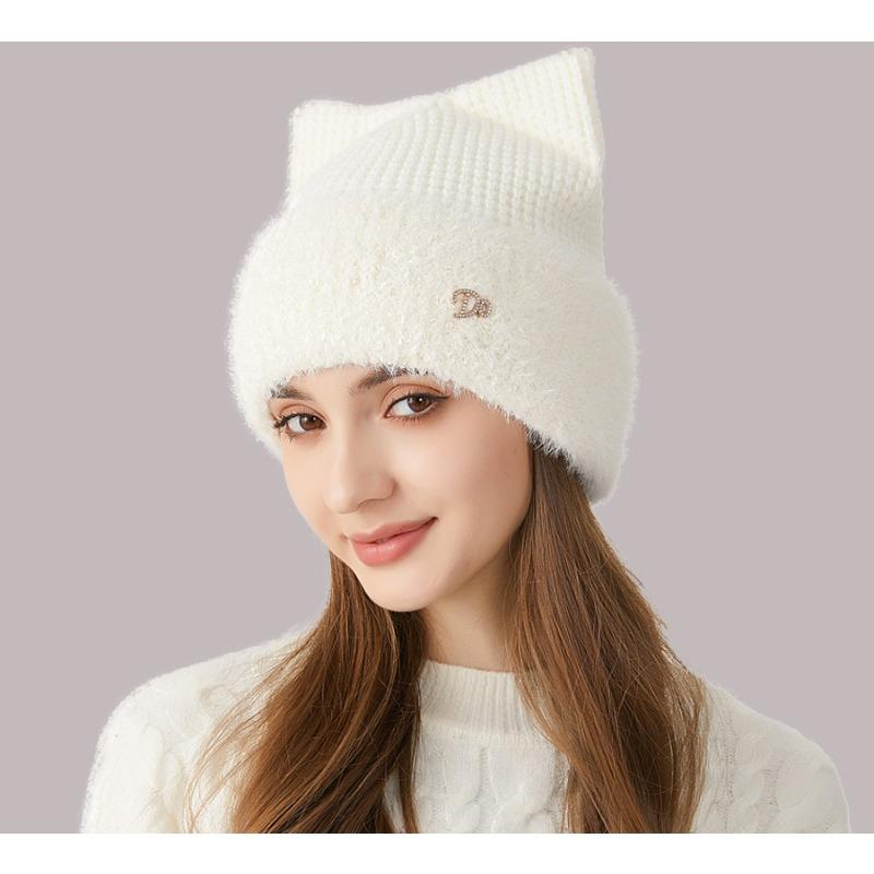 Girls' Cute Cat's Ears (Steamed Cat-ear Shaped Bread) In Winter Thickened Ear Protection Knitted Hat Versatile Solid Wool Hat