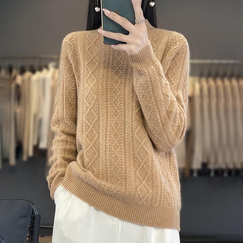 

Однотонный полувысокий воротник с нитками и цветочным узором женский пуловер вязаный свитер Tide L верблюд/золотистый