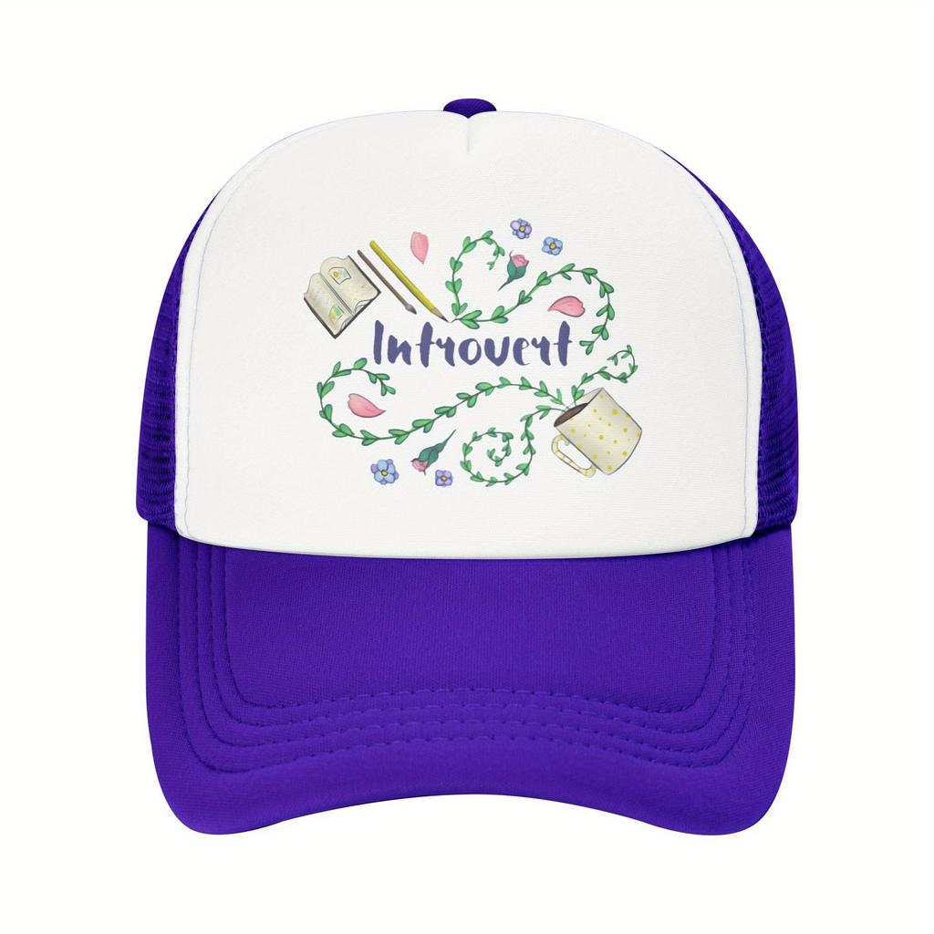 Introvert Floral Design Trucker Hat Polyester Mesh Baseball Cap Casual Unisex Adjustable Headwear