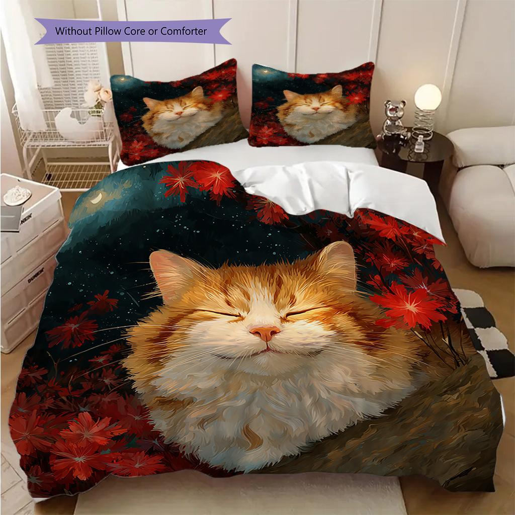 Ginger Cat Pattern Bedding Quilt Set Quilt Cover Pillowcase Home Decoration Birthday Gift (1 * duvet cover + 2 * pillowcase, without core)