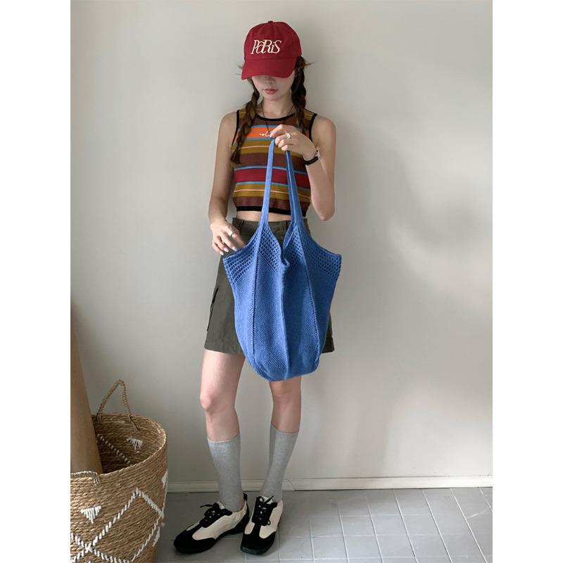 Vintage Red Polyester Knit Tote Bag for Women Hollow Out Shoulder Crossbody Purse