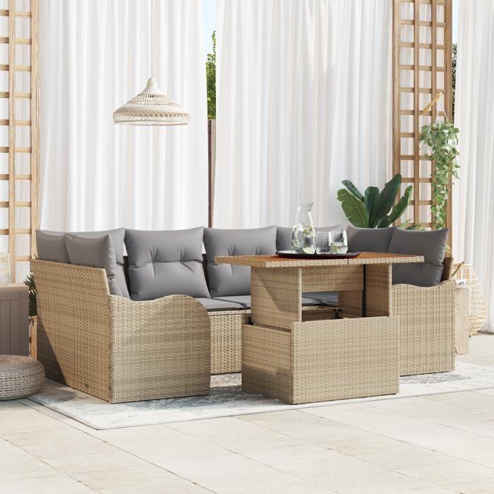Ensemble de canapé de jardin 7 pièces avec coussins Beige Poly Rattan Acacia, Canapé de jardin 2 places avec coussins Beige 3349412