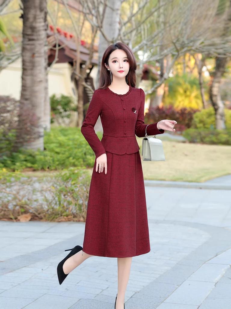 2026 Spring Korean Style Slim Fit Faux Two-Piece Dress - Elegant Round Neck Midi for Women