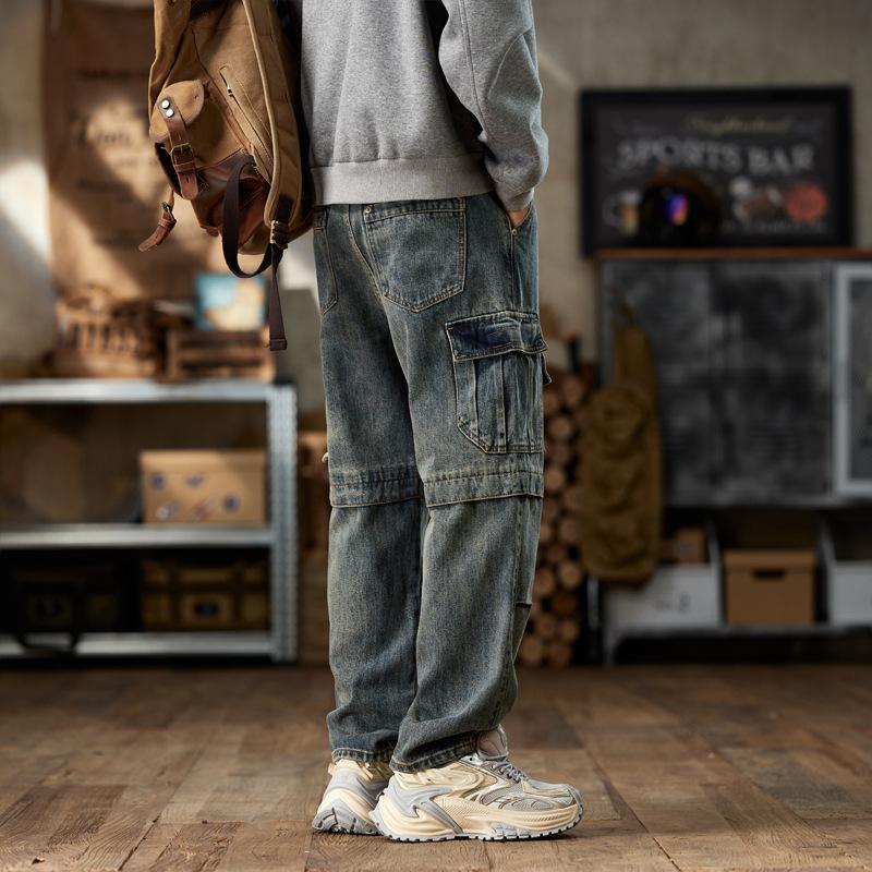 Old Three-dimensional Bag Denim American Craftsmanship Multi-pocket Men's Jeans Retro Nostalgic High Street Heavy Overalls