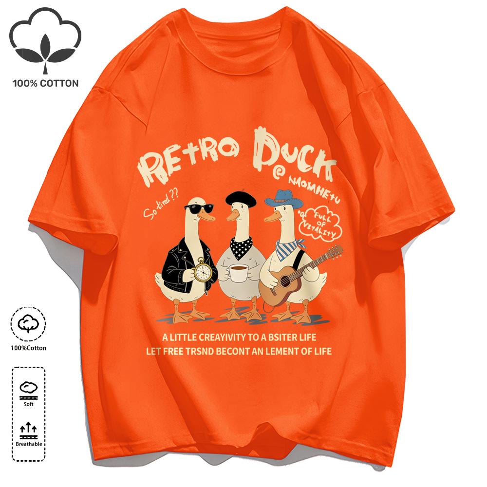 Retro Duck With Free Time T Shirt Unisex Fashion All-Match Basics Streetwear O-Neck Cotton Clothing Unisex Summer Loose Tee