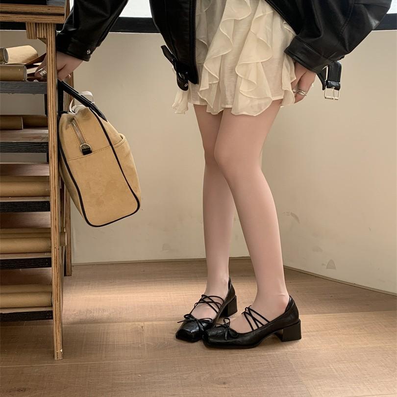 French single shoes women's thick heels are beautiful and not tired, high heels ballet shoes retro bow Mary Jane shoes black