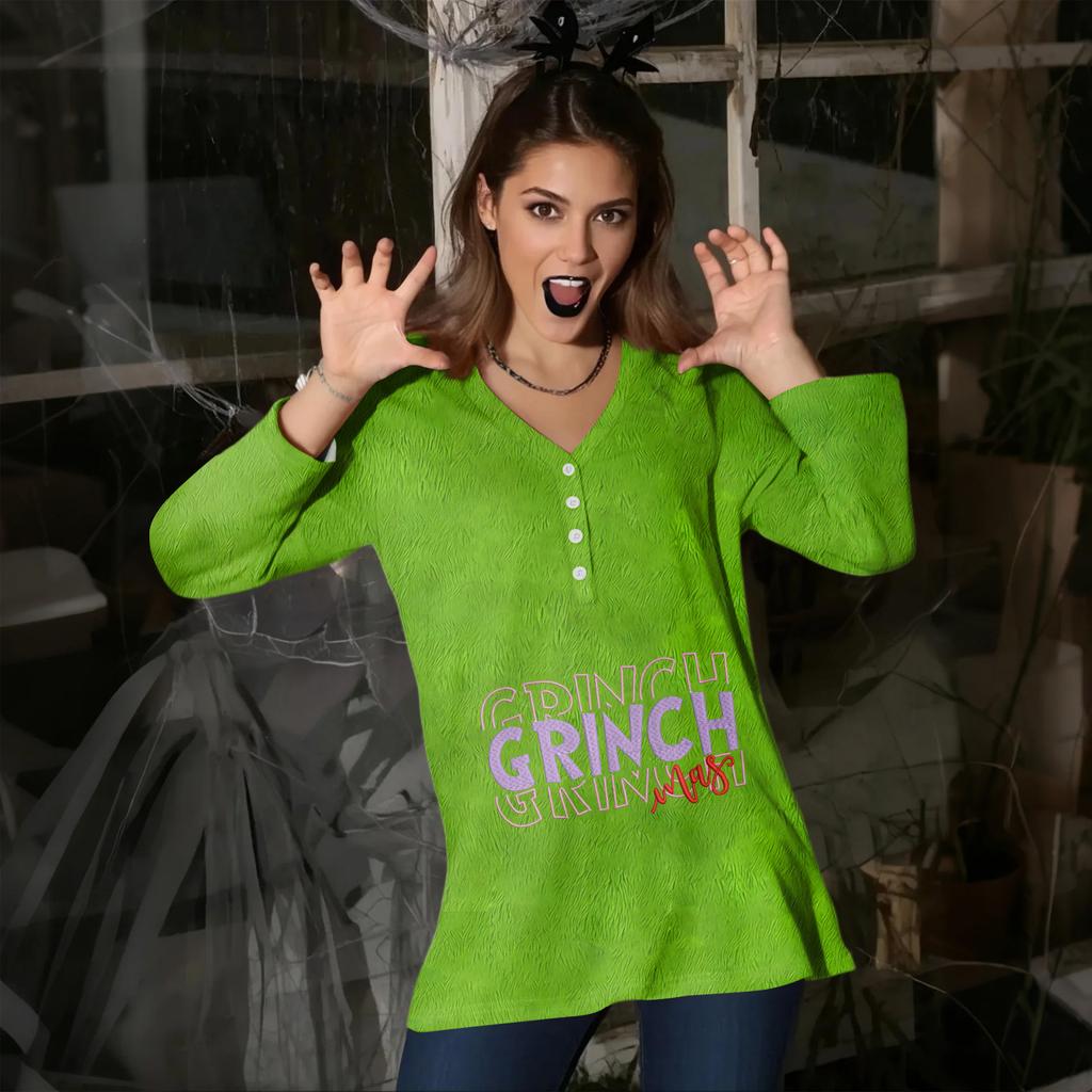 Top de damă casual, la modă, sexy, confortabil, cu imprimeu de Crăciun, decolteu în V, nasturi, mânecă trei sferturi