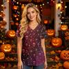 Women's V-Neck Short Sleeve Scrub Top with Pockets Halloween Print Caregiver Uniform