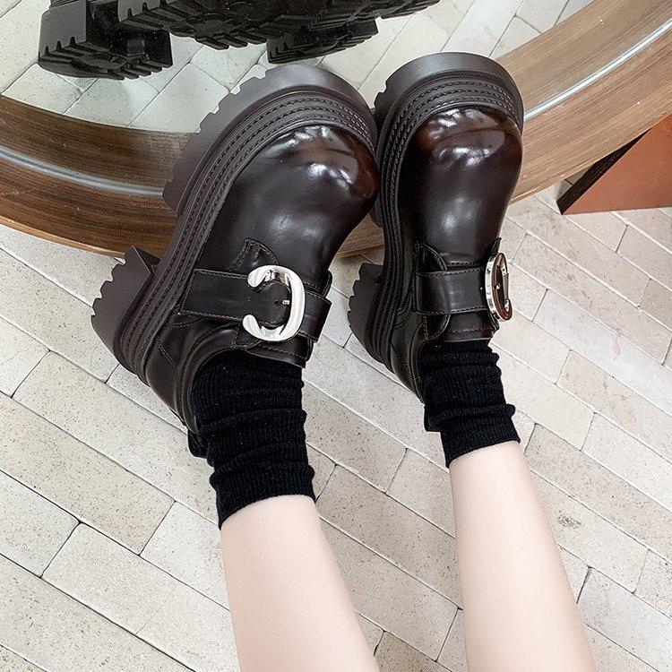 [Ushilai] British Style Big Head Platform Small Leather Shoes Women's 2025 Winter New Metal Buckle Casual Loafers