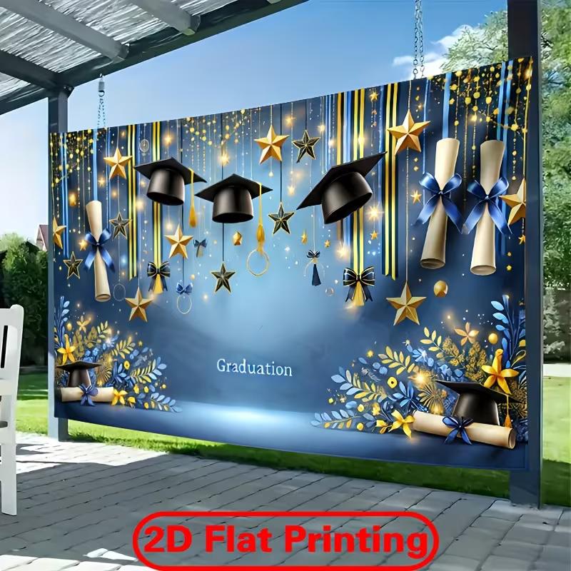 2D Blue Graduation Backdrop Gold Star Cap Diploma Graduation Photo Booth Background