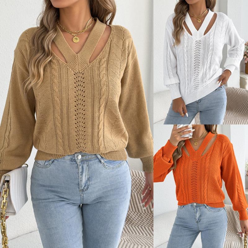Women S Solid Color V Neck Long Sleeve Hollow Out Sweater