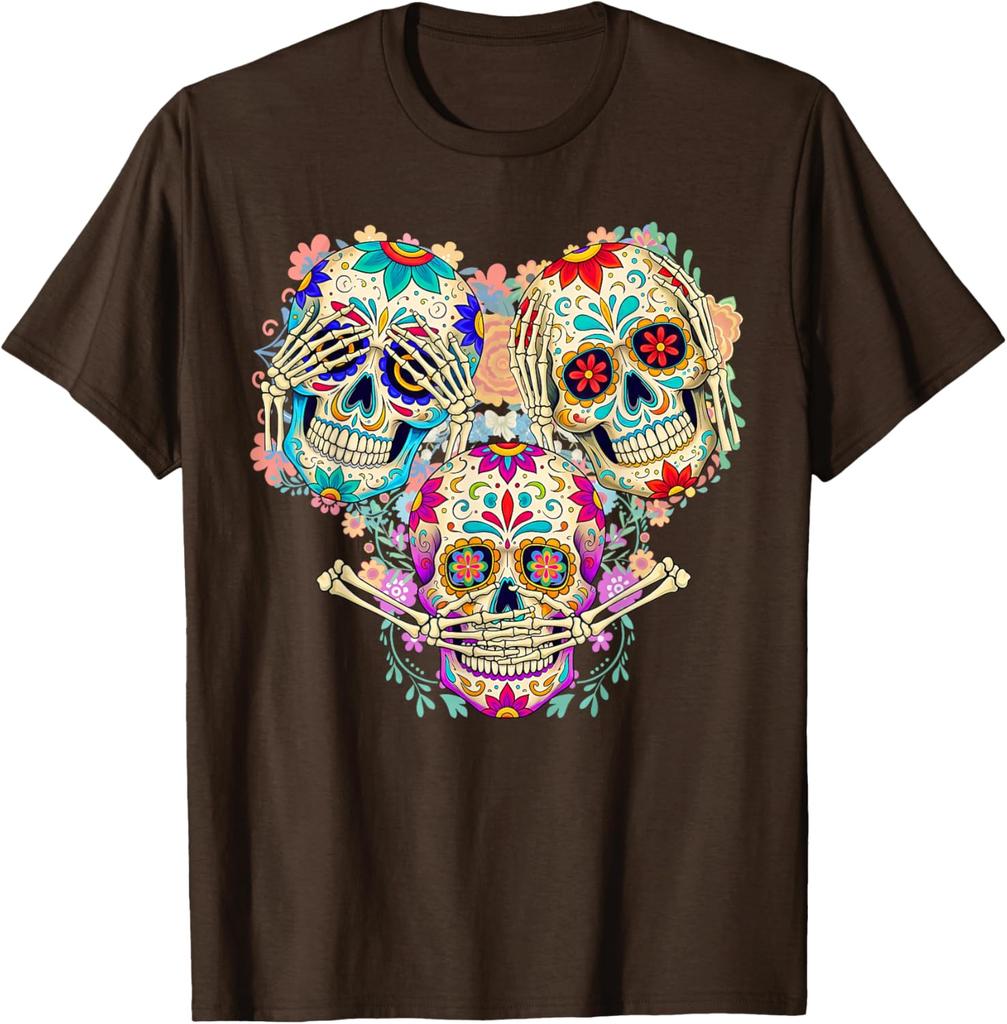 Sugar Skull Three Wise Monkeys Day of The Dead Graphic Tee Breathable Men Casual Trip T-Shirt