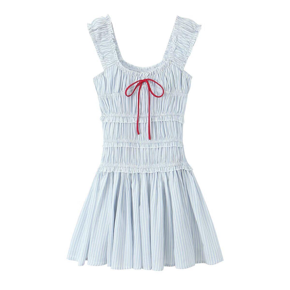 

Летнее женское мини-платье в европейском и американском французском стиле с полосками, открытыми плечами и драпировкой S