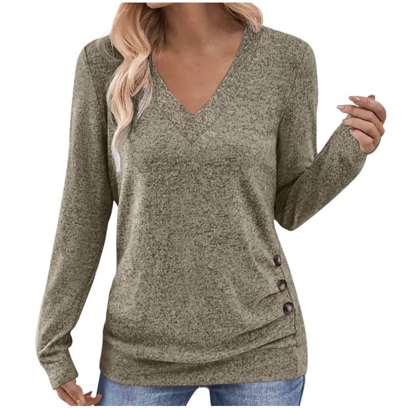 Womens Long Sleeve V Neck Solid Color T Shirt With Buttons Elegant Top