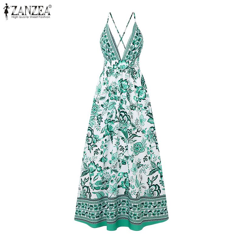 ZANZEA Women Summer Bohemian Print Casual V-Neck Sleeveless Straps Dress