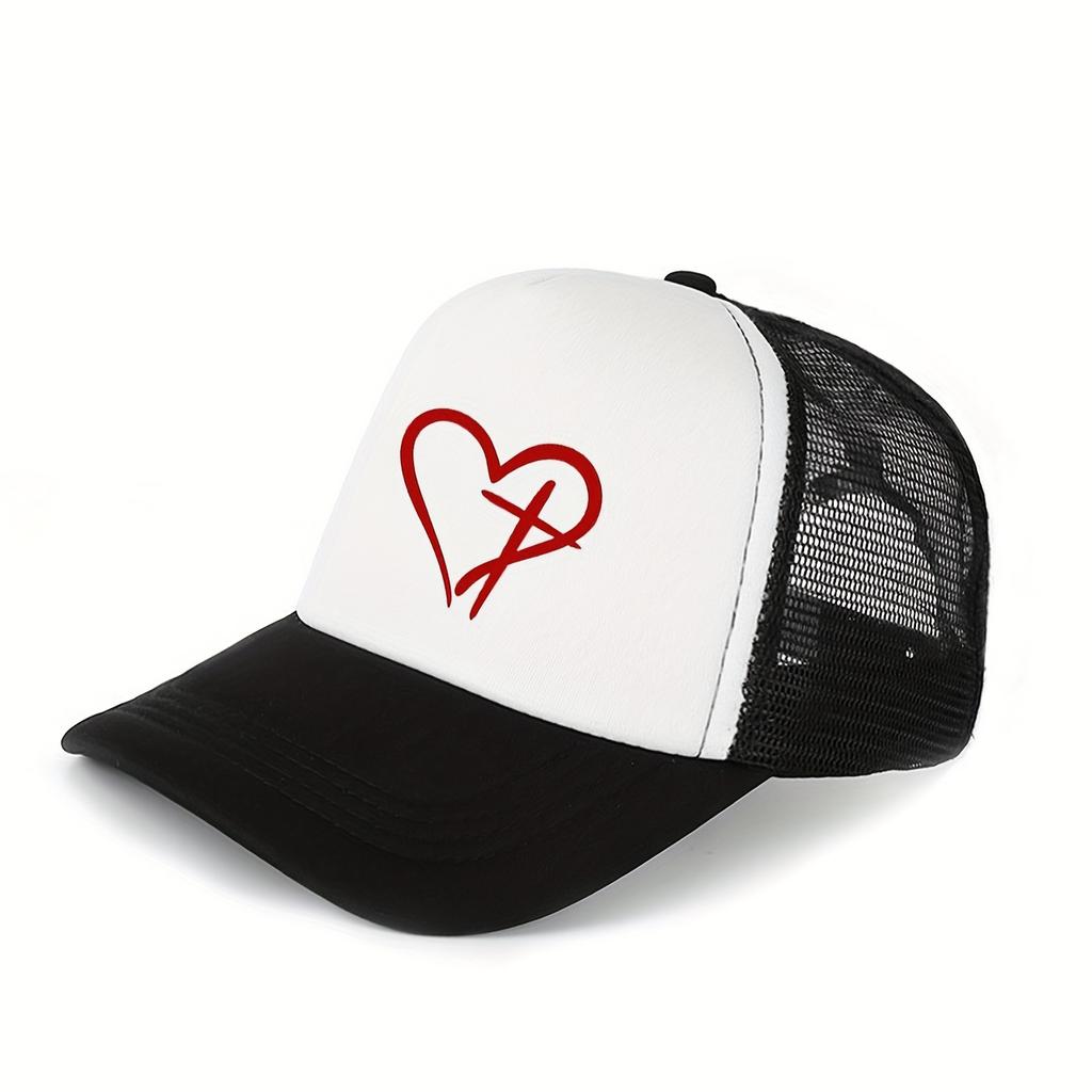 Heart and Cross Print Trucker Hat Adjustable Breathable Mesh Baseball Cap Casual Sunscreen for Men Women