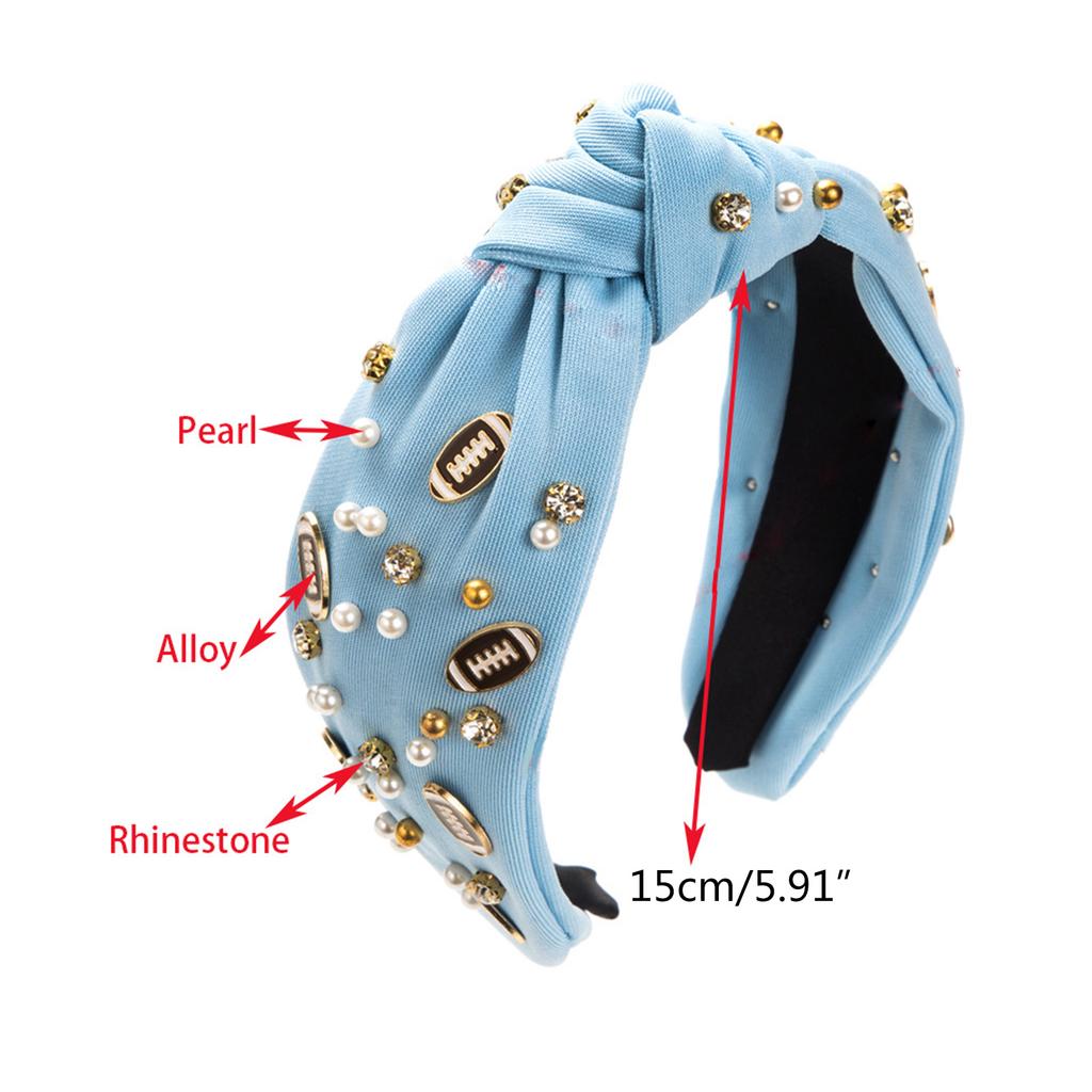 Women Fun Sports Football Embellished Headband Pearl Rhinestones Jeweled Headband Wide Top Knotted Hairband Headpiece