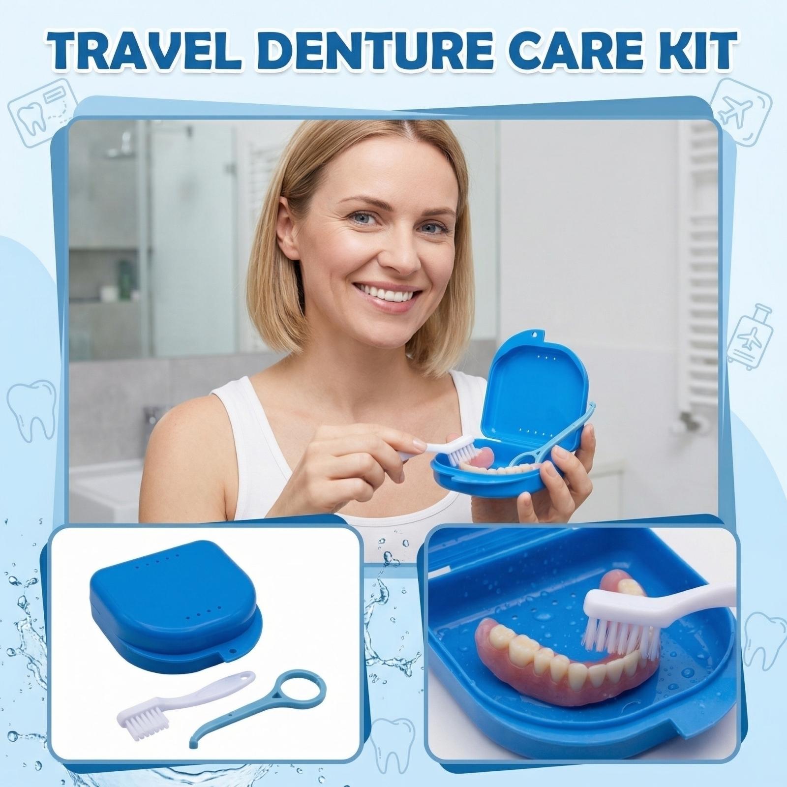 

Portable Denture Cleaning Case with Toothbrush and Tweezers Compact Denture Storage Box for Easy Cleaning and Travel Use One Size