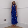 Blue Polka Dot Print Backless Long Dress For Women 2026 Sexy V Neck Bandage Hollow Out Maxi Dresses Beach Party Elegant Evening Dress