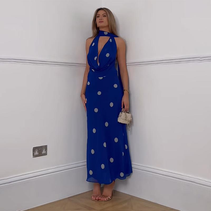 Blue Polka Dot Print Backless Long Dress For Women 2026 Sexy V Neck Bandage Hollow Out Maxi Dresses Beach Party Elegant Evening Dress