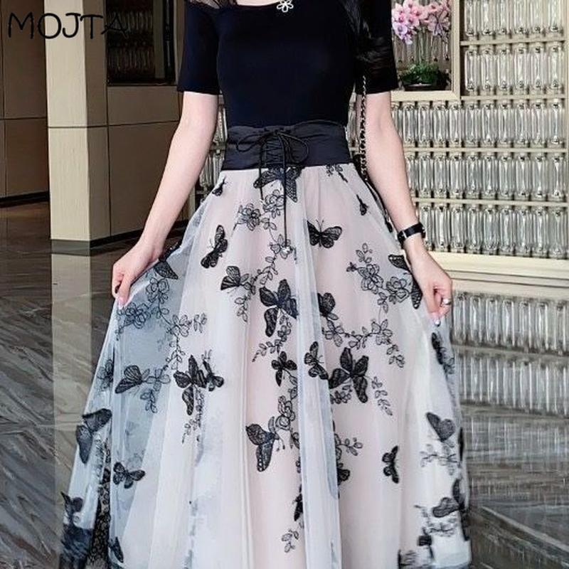 Sommar Kvinnor Hög midja Mellanlängd Elegant Net Gaze Kjol Flerlager Spets Kontrastfärger A-linje kjol Dam