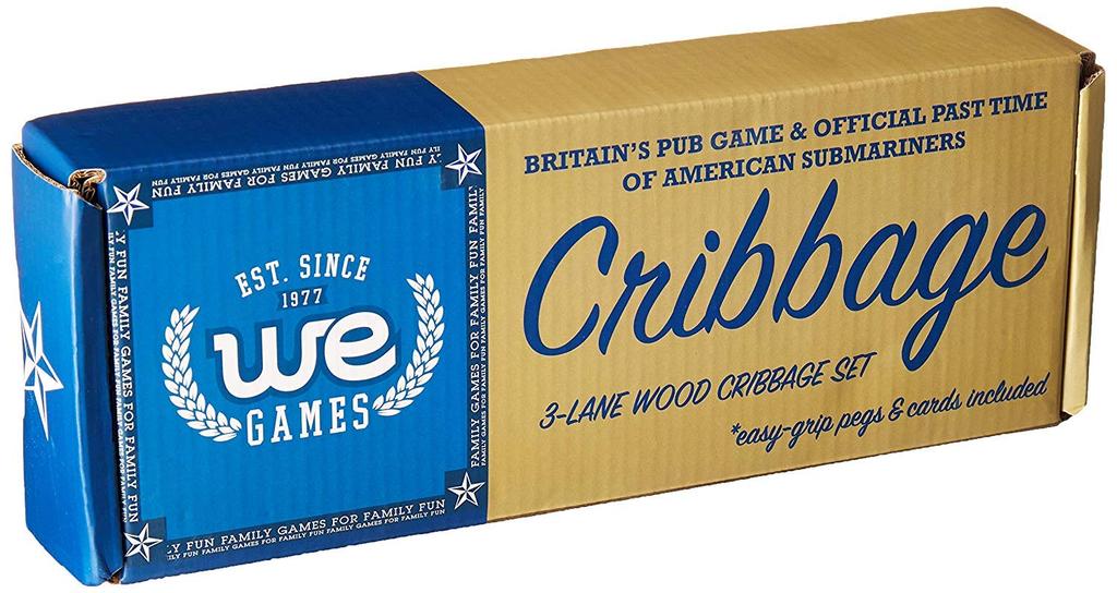 WE Games 3-Player Wooden Cribbage Set - Easy-Grip Pegs and 2 Decks of Cards - Walnut Stained