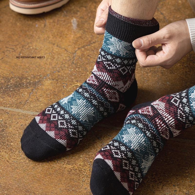 1 Pair Men Socks Cotton Autumn and Winter Thicken Warm Retro Ethnic Style Double-needle Medium Tube Socks