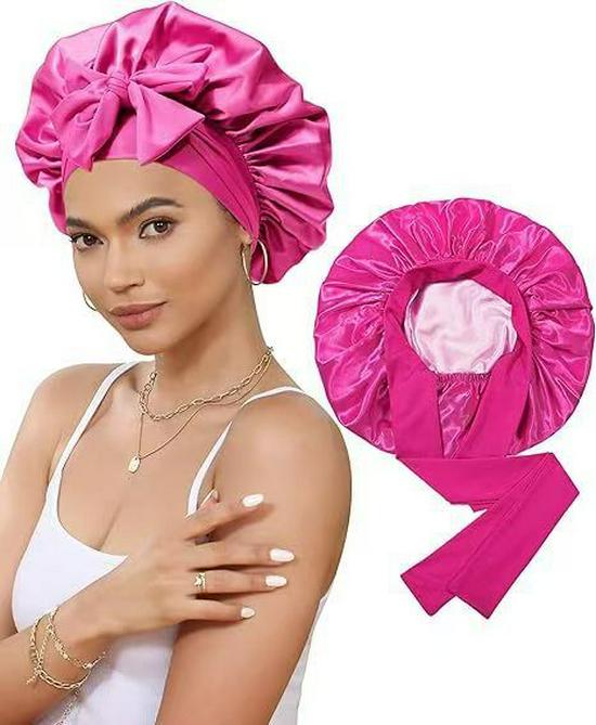 Doppellagige Satin-Schlafmütze mit Schleife, Hochelastischer breiter Rand, Damen Haar-Schal-Mütze