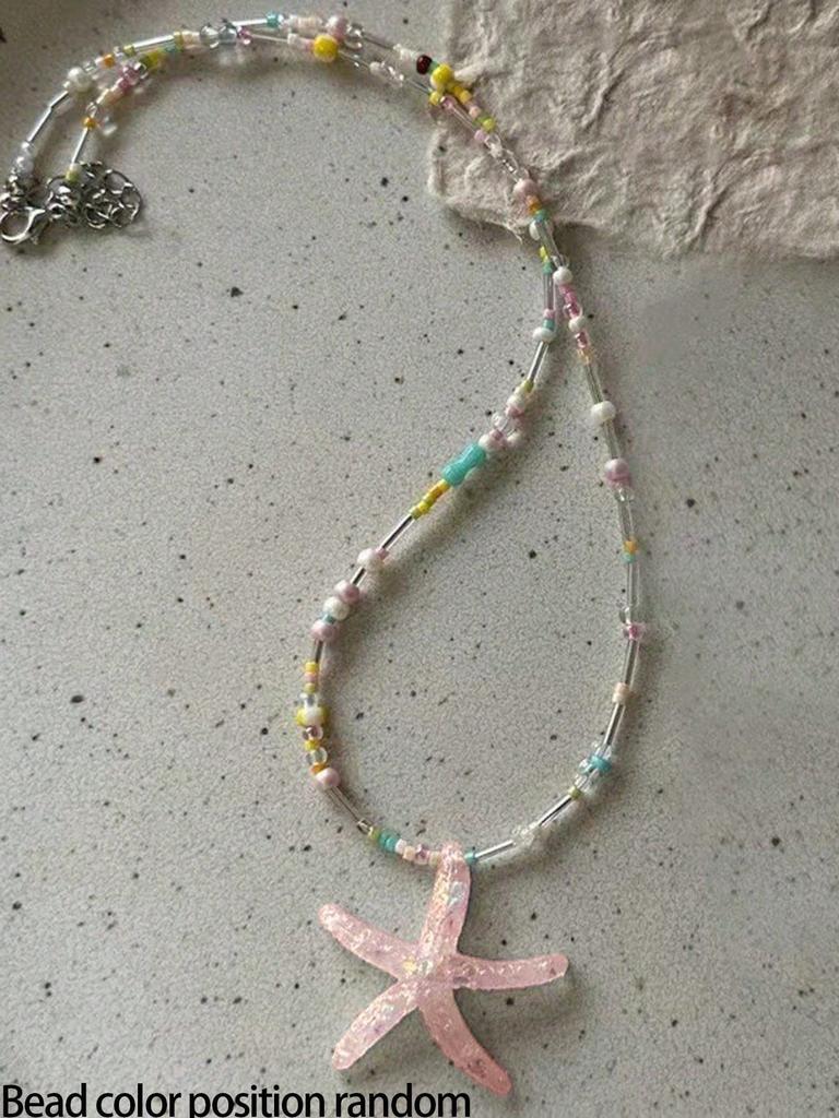 1pc Bohemian Style Colorful Beaded Sea Star Resin Necklace For Women, Perfect For Summer Beach Holiday