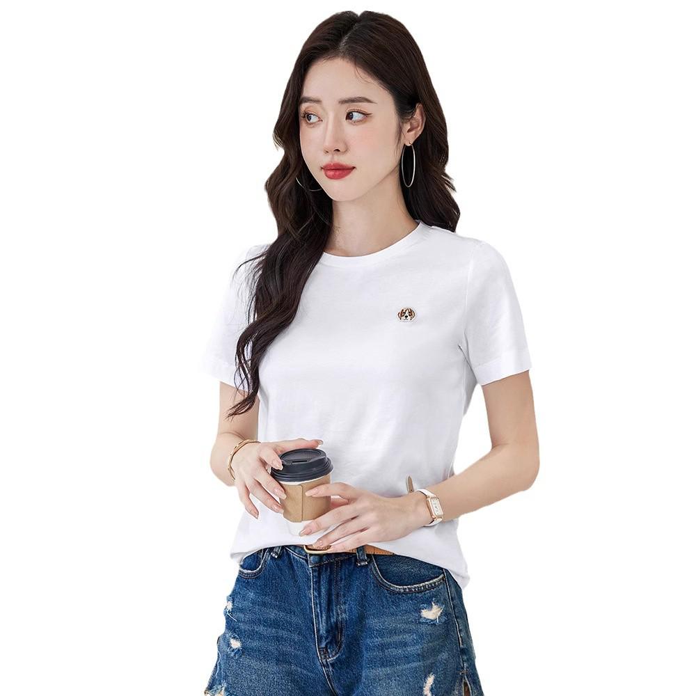 Korean Style Crew Neck Embroidered Dog Head Short-Sleeve Cotton T-Shirt