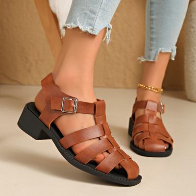 Foreign Trade Roman Sandals Women's Summer New Flat Middle Heel Woven Hollow Breathable One Line Buckle Belt Versatile