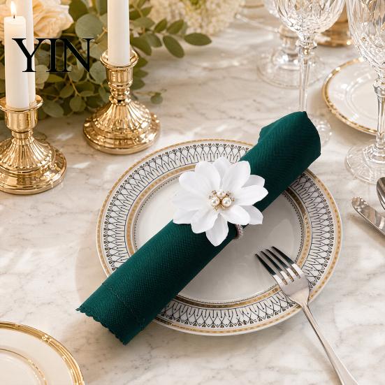 Luxury Table Decor 6Pcs White Lotus Napkin Rings, Chiffon Flower Metal Ring Holders, Faux Light Dining Accessory Pearl Dinner Rings for Wedding Bridal