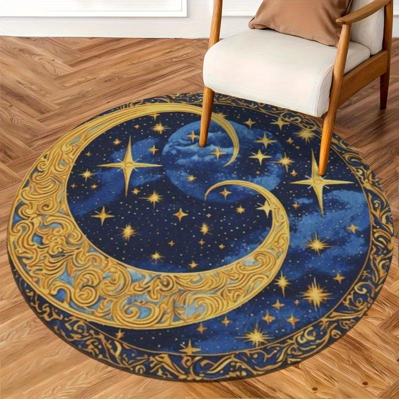 Starry Night Moon Round Rug Celestial Flannel Carpet for Bedroom Living Room Decor Dreamy Sky Pattern Floor Mat Soft Comfortable