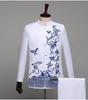 Men's Blue & White Porcelain Zhongshan Suit with Stand-up Collar & Embroidery for Performances