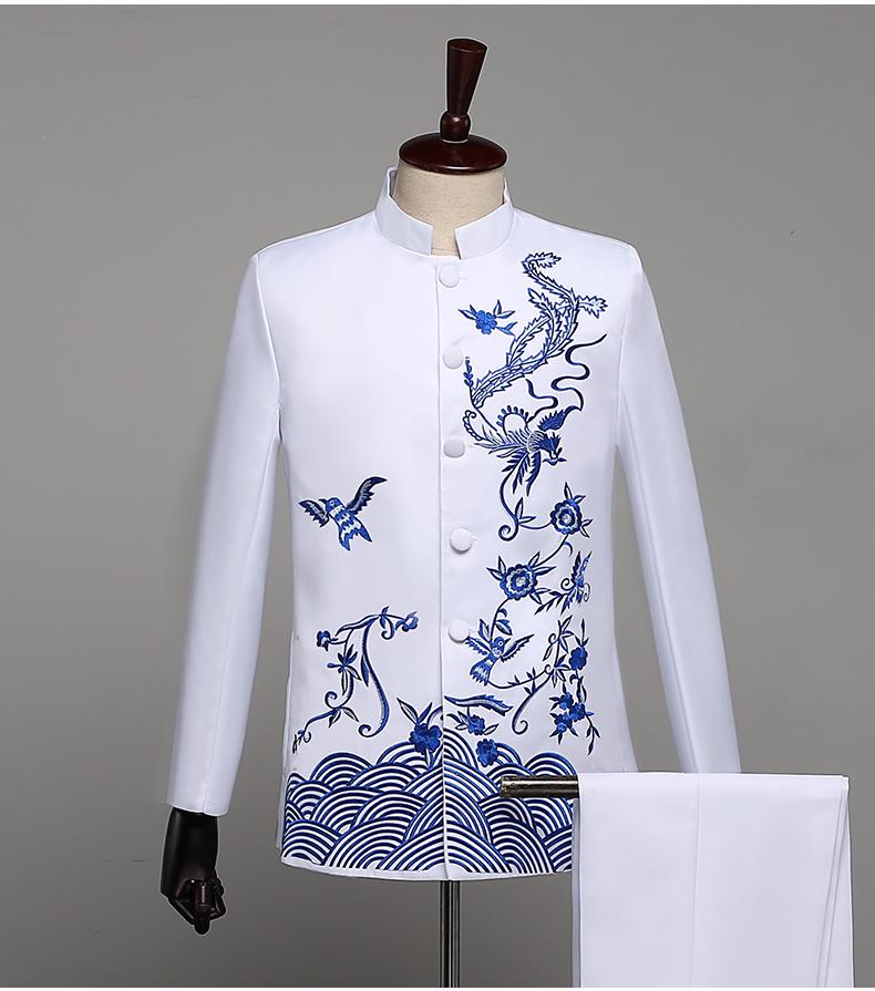 Men's Blue & White Porcelain Zhongshan Suit with Stand-up Collar & Embroidery for Performances