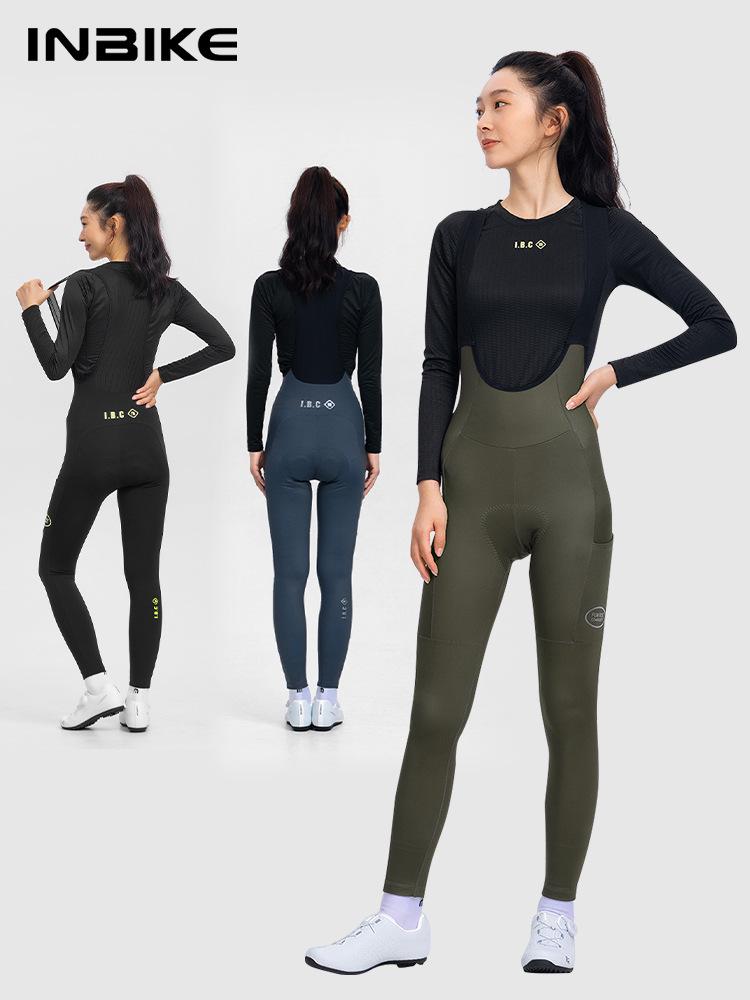 INBIKE Women's Fleece Cycling Bib Pants with High Waist, Pockets, and Belt for Autumn/Winter Road Biking
