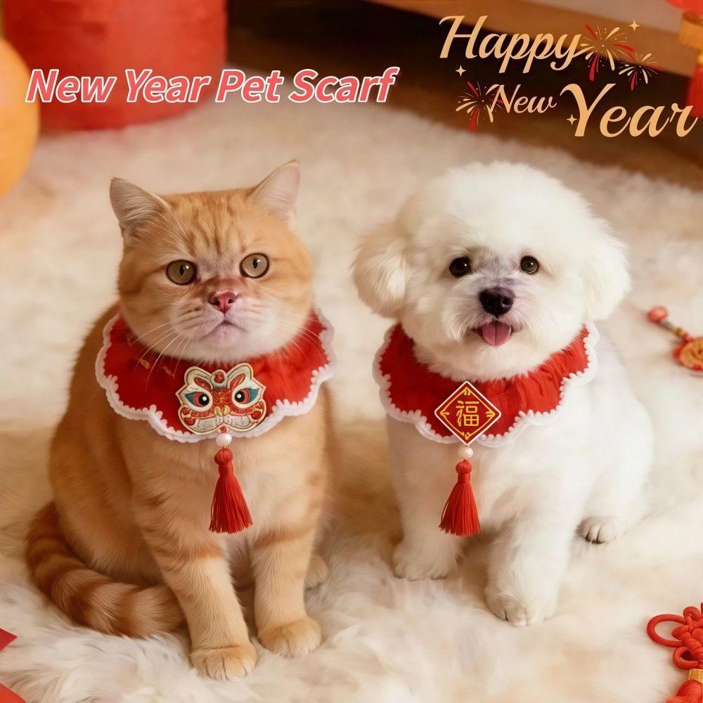 Handmade Cat Dog Scarves Lightweight Chinese Style New Year Cat Bow Tie Embroidery Pattern Red Tassels Knitted Pet Collar