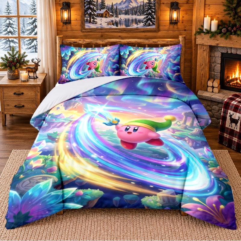 Kirby Pattern Bedding 3Pcs Set Bed Sheet And Pillowcases For Indoor Bedroom