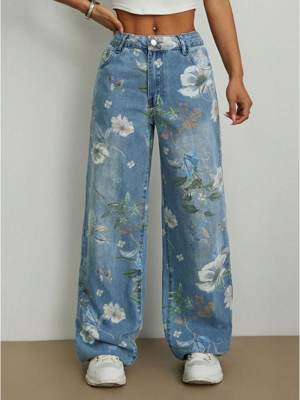 2026 Spring/Summer Women s Printed Mid-Waist Wide-Leg Jeans M