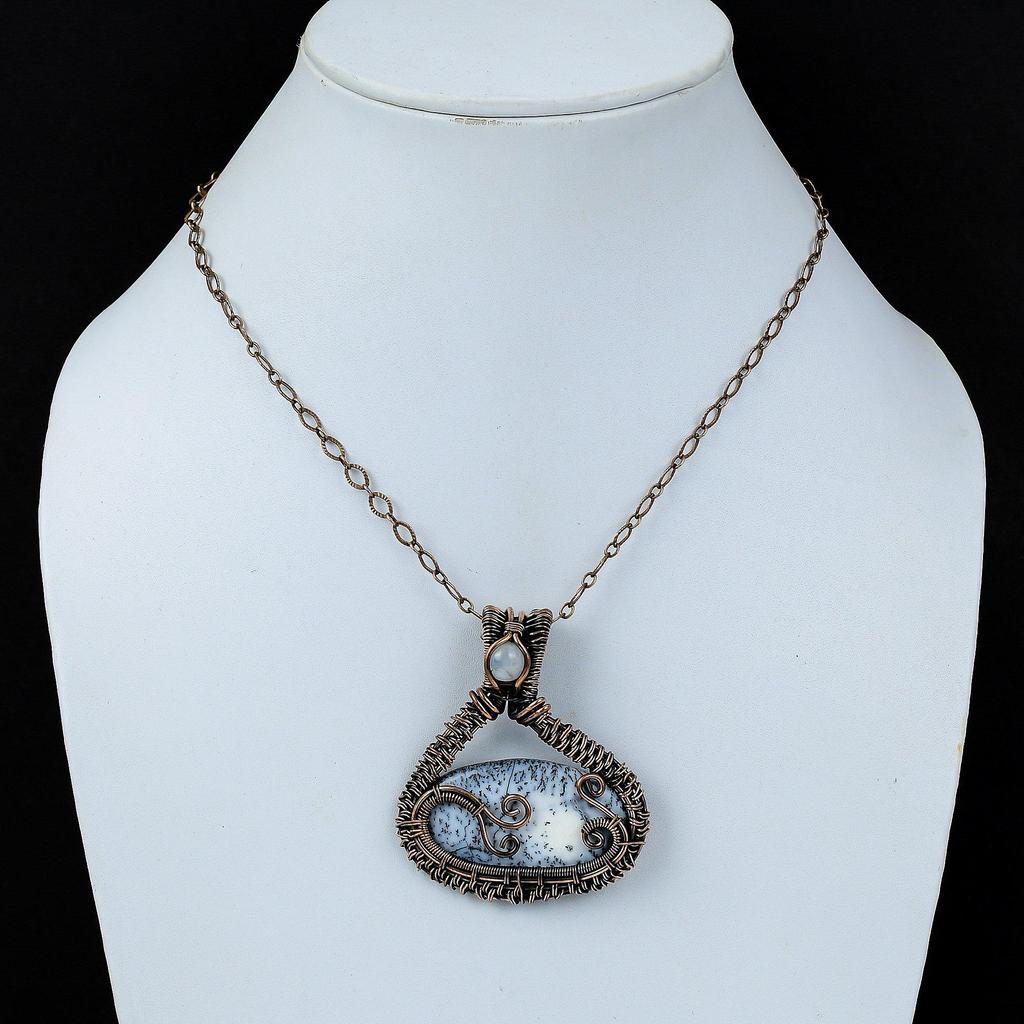 Dendrite Opal Gemstone Pure Copper Wire Wrapped Handmade Jewelry Pendant