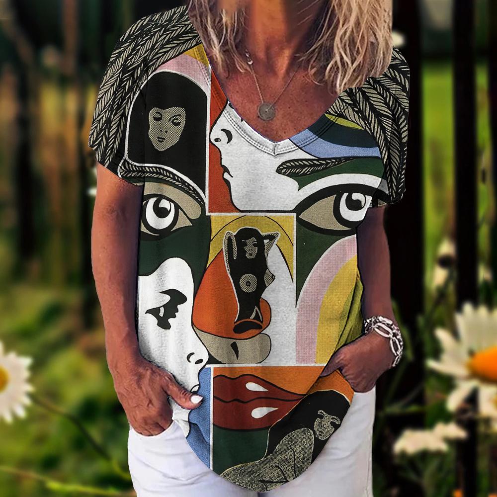 Retro Women's T-shirt Harajuku Clothes Tops Art Face Graphic Tees V-neck Oversized Pullover Short Sleeve Blouse Loose Sweatshirt