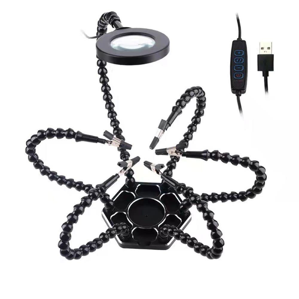 Soldering Upgraded Flexible Helping Hand Third Hand Soldering Station Tool Magnifier Aluminum Base 6 Helping Hands 360 Degree Rotating Multi-function